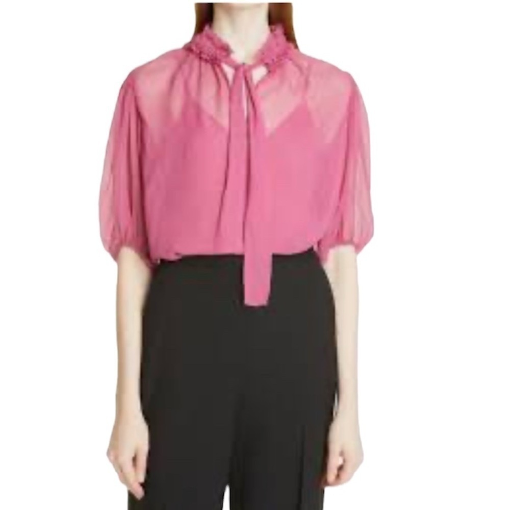Rebecca Taylor Silk Bow Blouse In Azalea Size Small